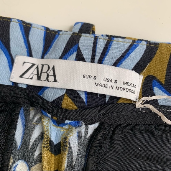 Zara Wide Leg Pants Blue Brown Leaf Print Size Small Lightweight Flowy - Picture 11 of 12